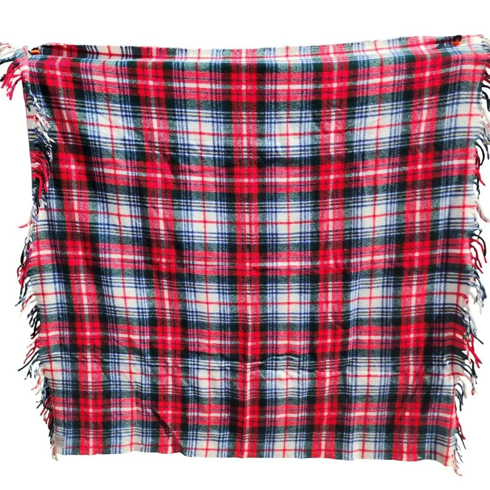 Vintage Troy Mills Wool Plaid Blanket Red Green Blue Fringe 52x51 USA